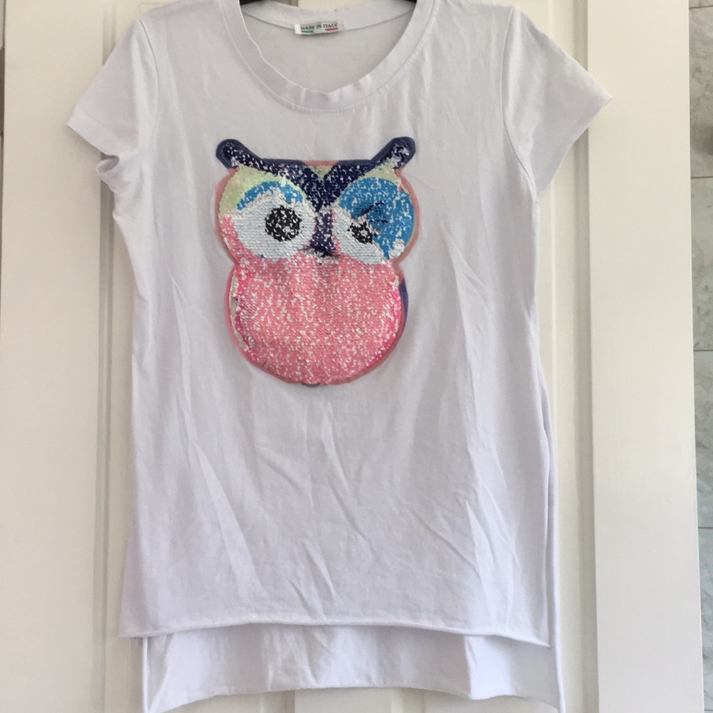 Sequins Owl Design Female T-Shirt. Made in Italy.